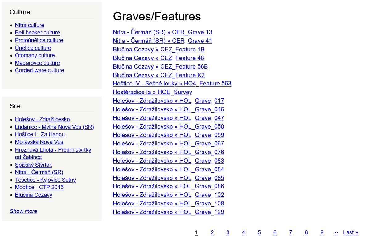 Screenshot of Graves/Features page